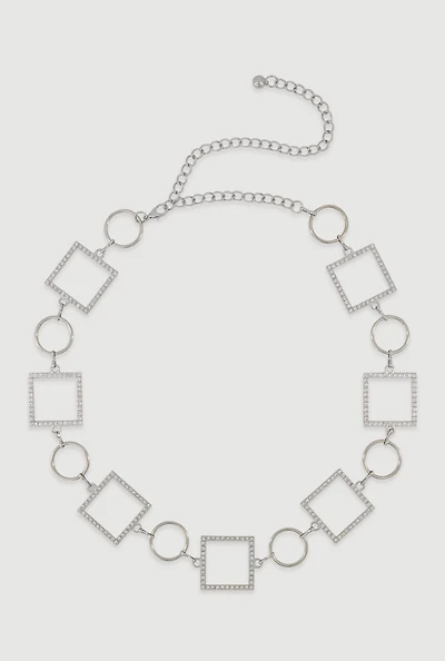 Womens Metallic Rhinestone Multi Shape Chain Belt, Silver, Size S-M