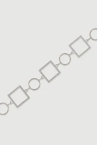 Womens Metallic Rhinestone Multi Shape Chain Belt, Silver, Size M-L