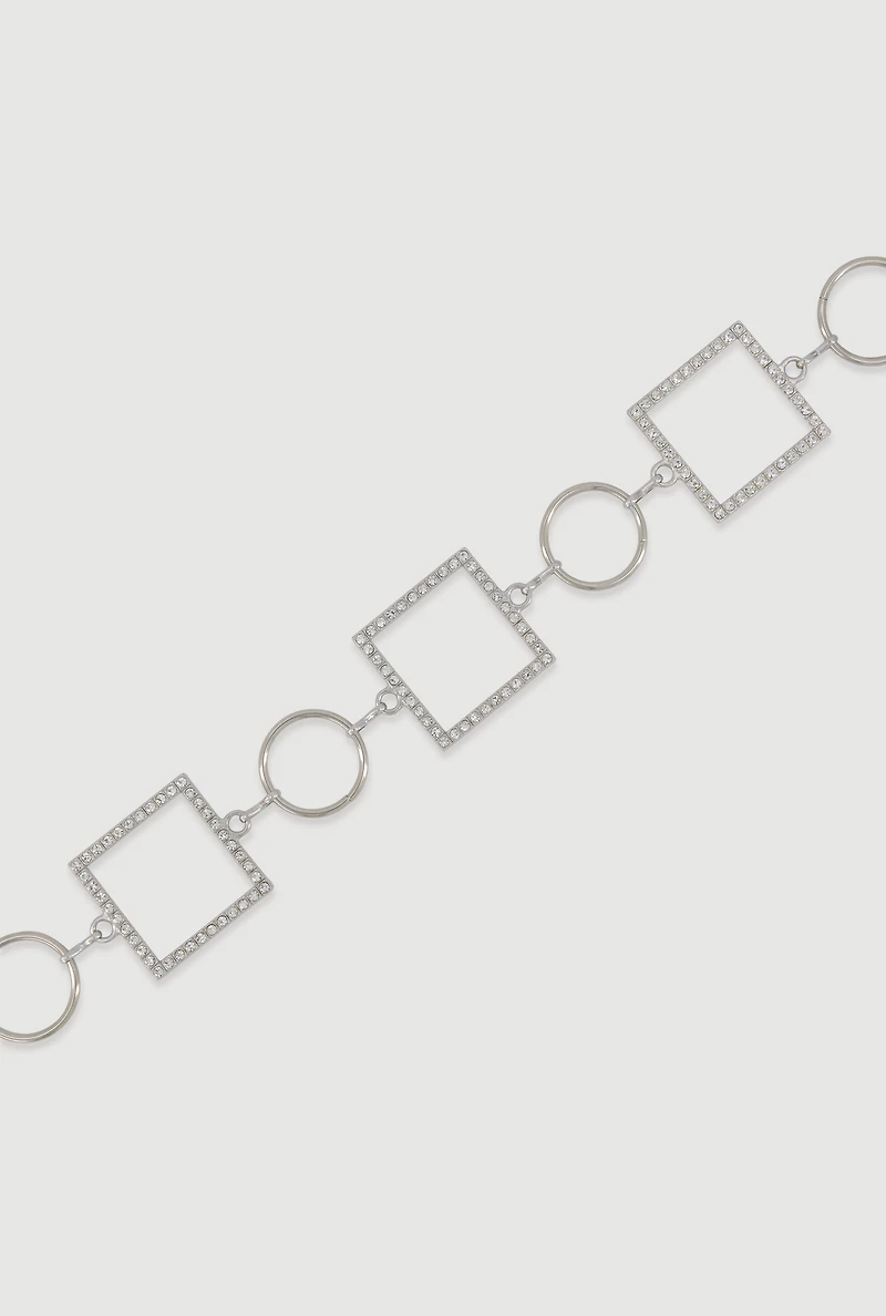 Womens Metallic Rhinestone Multi Shape Chain Belt, Silver, Size S-M