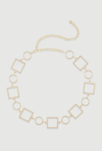 Womens Metallic Rhinestone Multi Shape Chain Belt, Gold, Size M-L