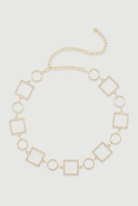 Womens Metallic Rhinestone Multi Shape Chain Belt, Gold,