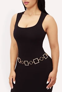 Womens Metallic Rhinestone Multi Shape Chain Belt, Gold,