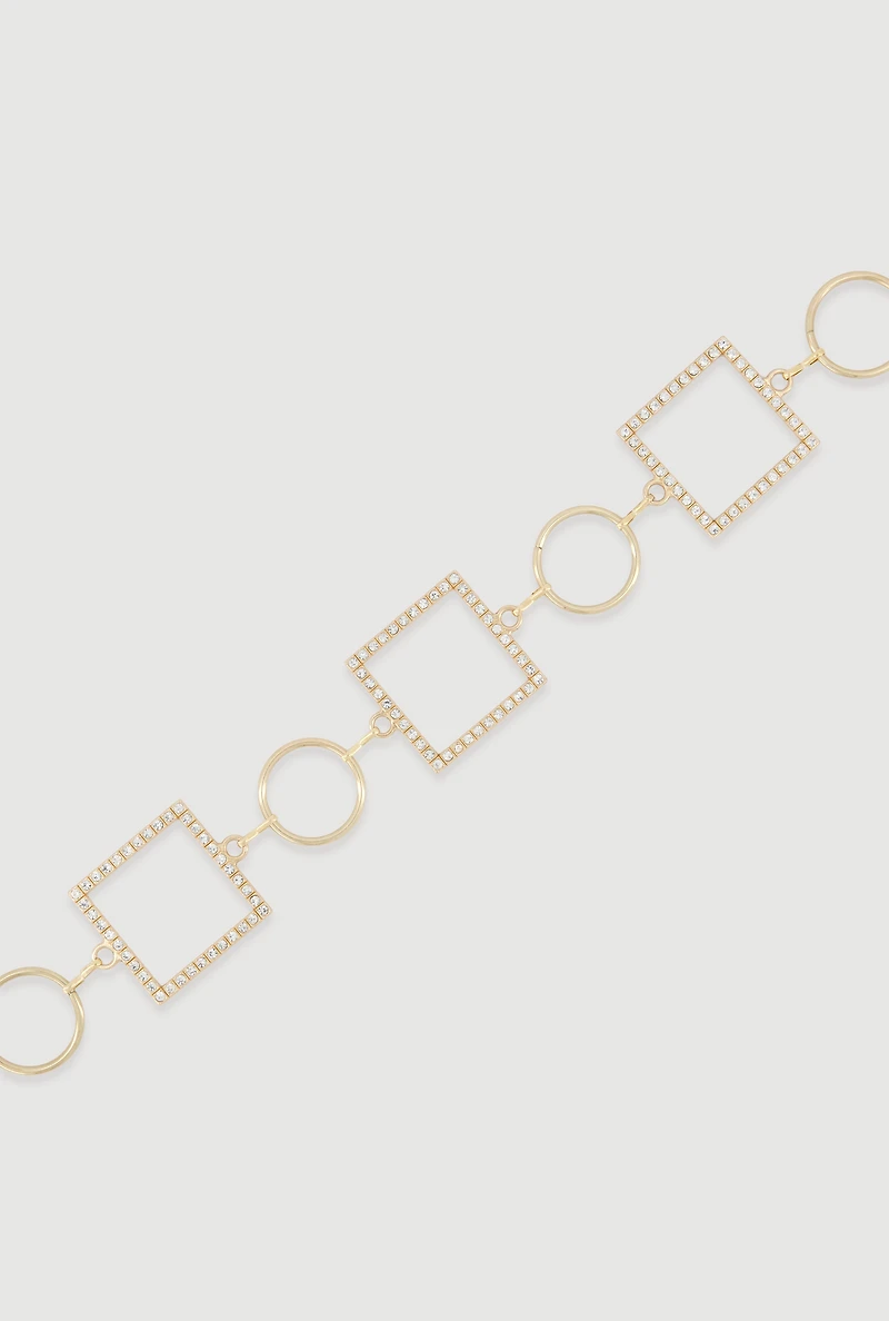 Womens Metallic Rhinestone Multi Shape Chain Belt, Gold,