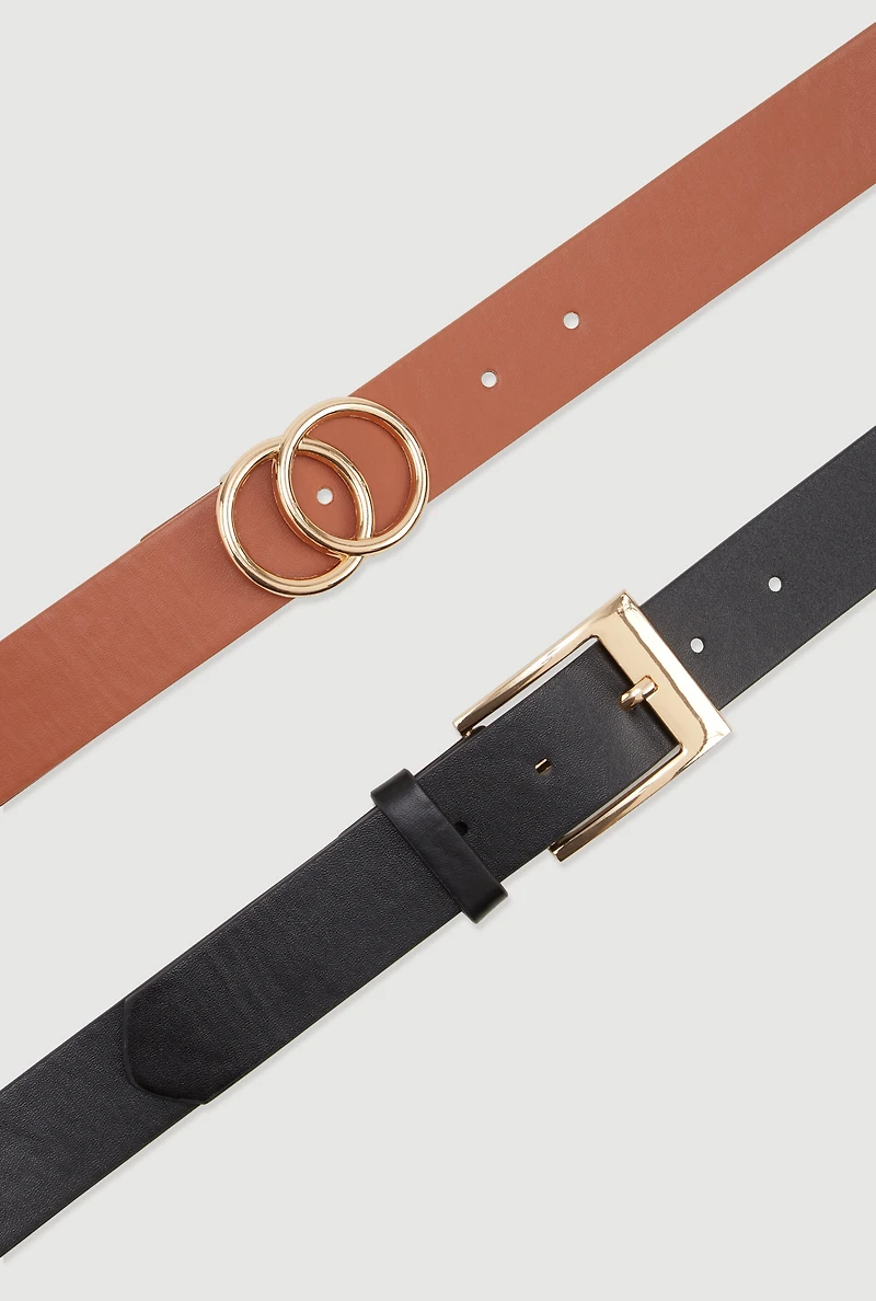 Womens Metallic Buckle Faux Leather Belts 2 Pack, Multi, Size S-M