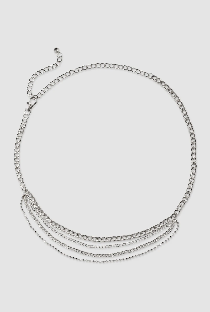 Womens Metallic Layered Chain Belt, Silver, Size S-M