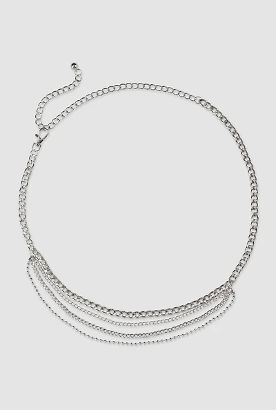 Womens Metallic Layered Chain Belt, Silver, Size S-M