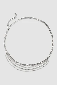 Womens Metallic Layered Chain Belt, Silver, Size S-M