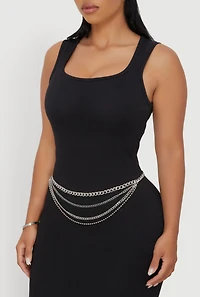 Womens Metallic Layered Chain Belt, Silver, Size S-M