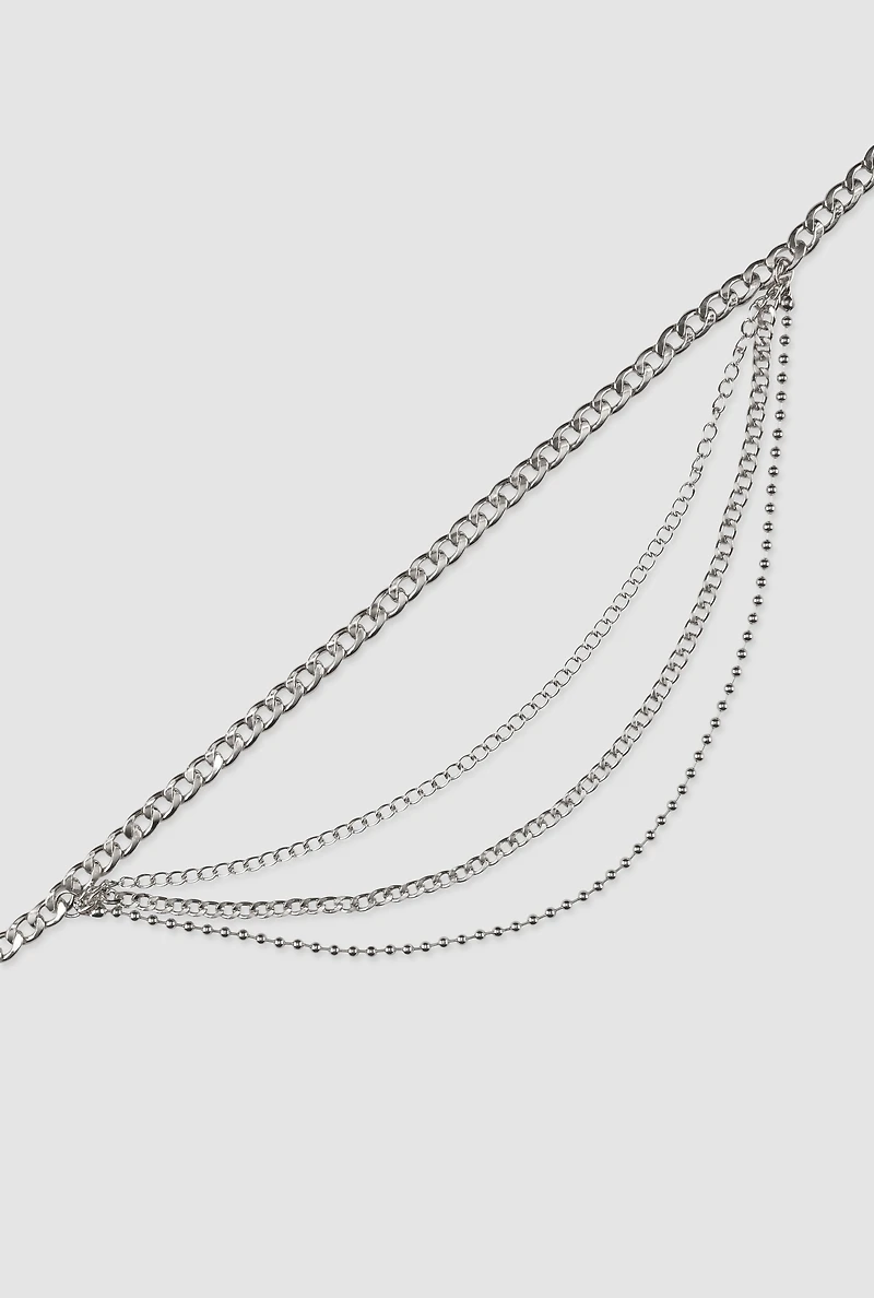 Womens Metallic Layered Chain Belt, Silver, Size S-M