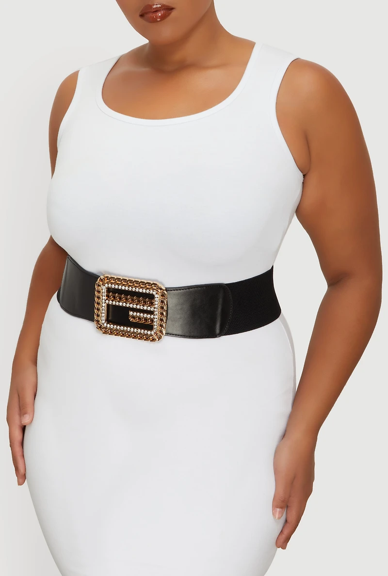 Womens Rhinestone Detail Chain Buckled Belt, Black, Size 3X