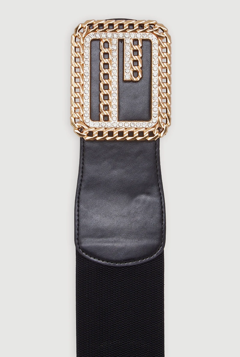Womens Rhinestone Detail Chain Buckled Belt, Black, Size 3X