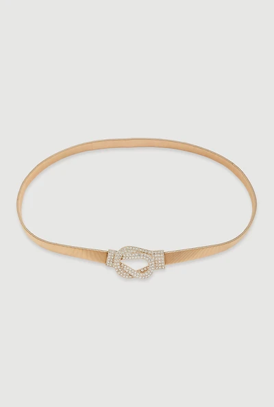 Womens Metallic Stretch Belt with Rhinestone Buckle, Gold, Size S-M