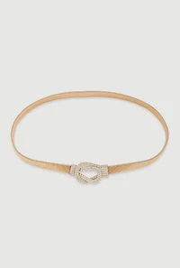 Womens Metallic Stretch Belt with Rhinestone Buckle, Gold, Size M-L