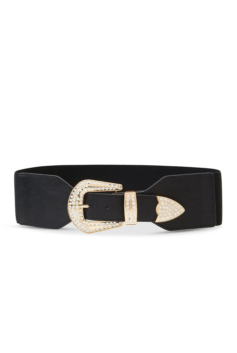 Womens Rhinestone Studded Western Buckle Stretch Belt, Black, Size S-M