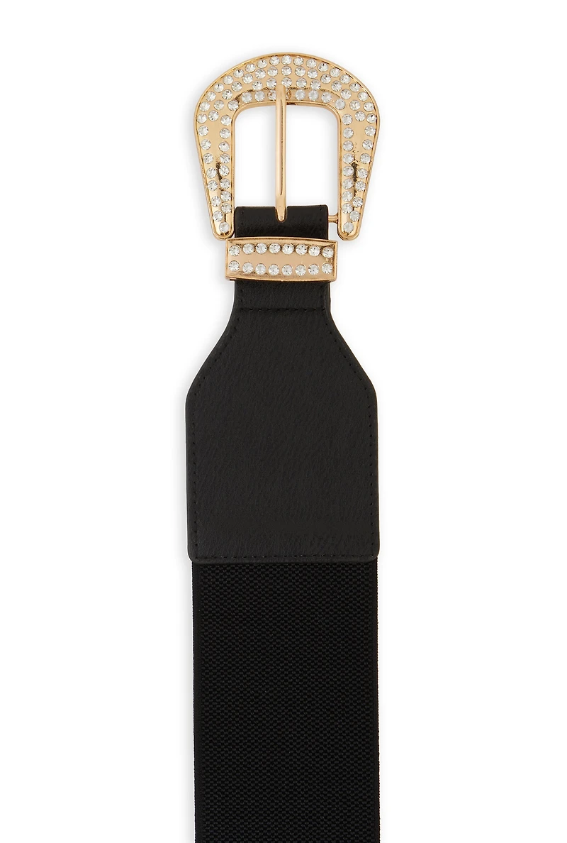 Womens Rhinestone Studded Western Buckle Stretch Belt, Black, Size S-M