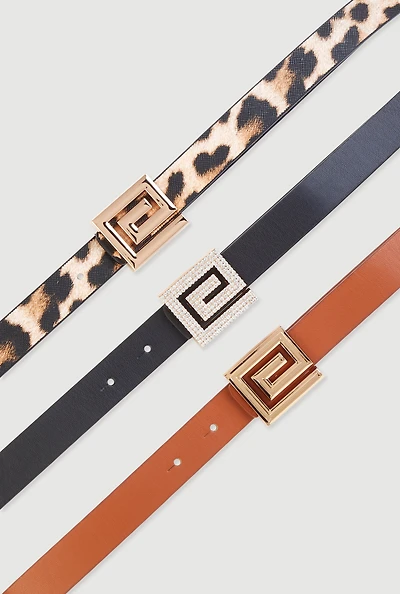 Womens Greek Key Buckle Faux Leather Belts 3 Pack, Multi, Size S-M