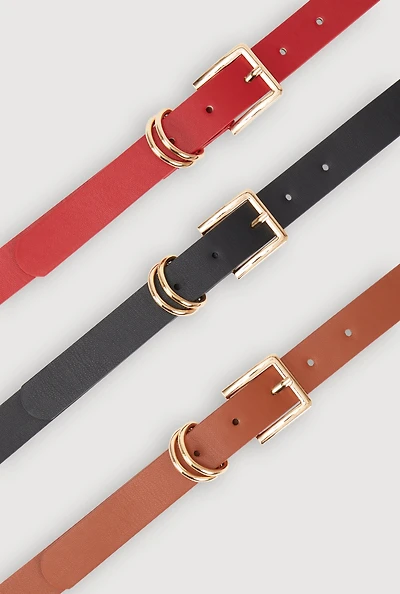 Womens Stylish Faux Leather Buckle Belts 3 Pack Set, Multi, Size M-L