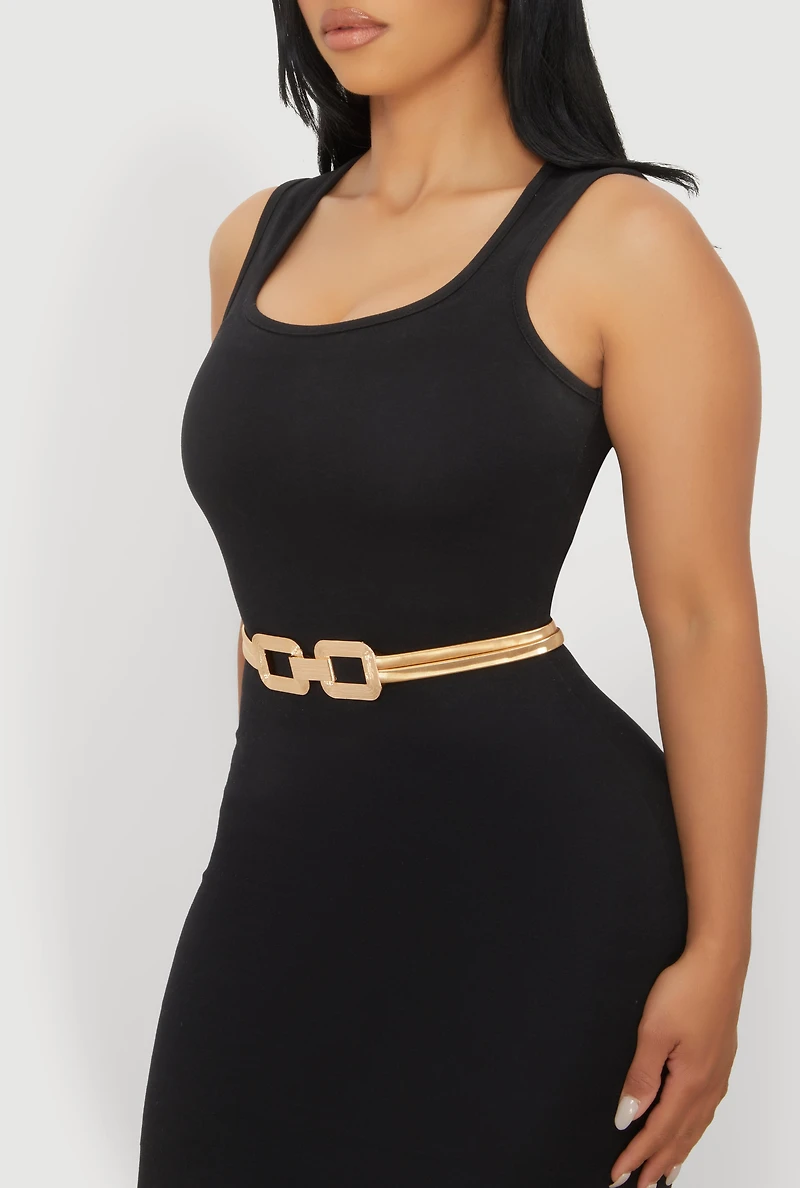 Womens Metallic Chain Detail Double Layer Stretch Belt, Gold