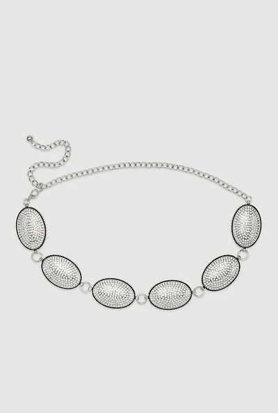 Womens Metallic Rhinestone Studded Oval Chain Belt, Silver, Size S-M