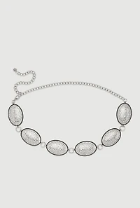 Womens Metallic Rhinestone Studded Oval Chain Belt, Silver, Size M-L