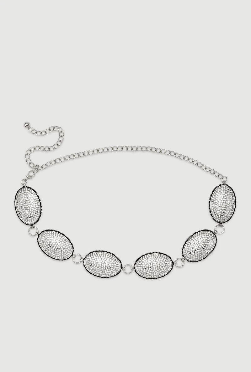 Metallic Rhinestone Studded Oval Chain Belt