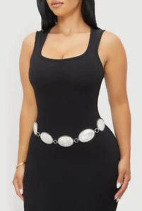 Womens Metallic Rhinestone Studded Oval Chain Belt, Silver, Size M-L