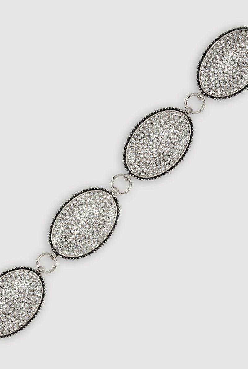 Womens Metallic Rhinestone Studded Oval Chain Belt, Silver, Size S-M