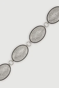 Womens Metallic Rhinestone Studded Oval Chain Belt, Silver, Size S-M