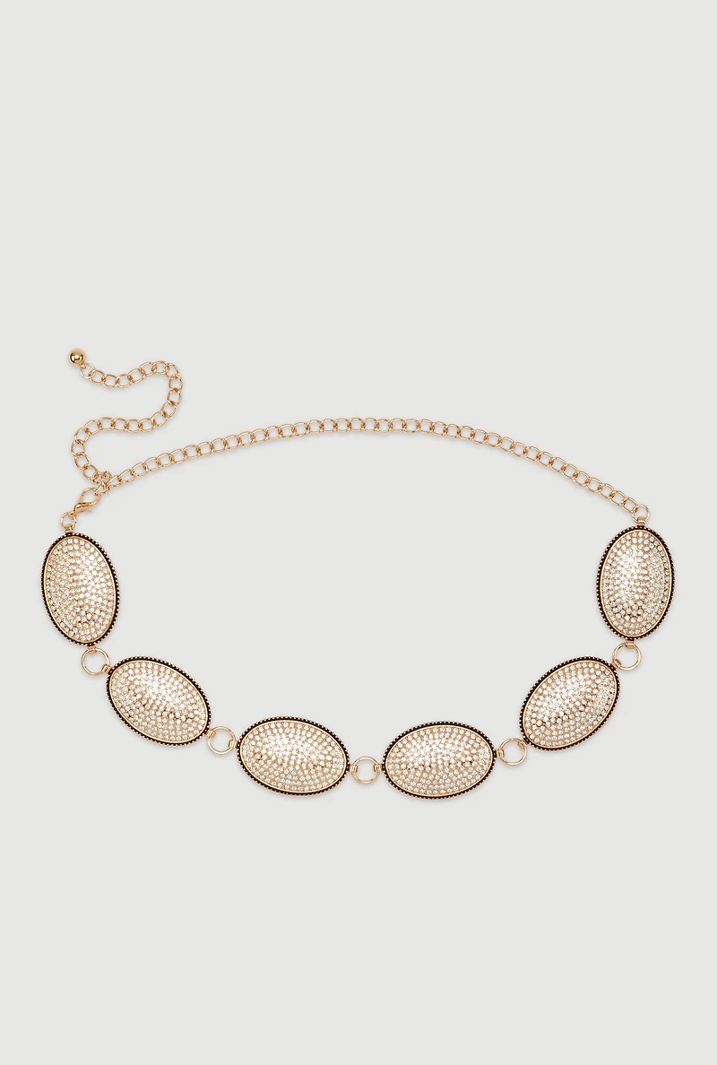Womens Metallic Rhinestone Studded Oval Chain Belt,
