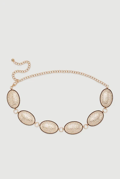 Womens Metallic Rhinestone Studded Oval Chain Belt,