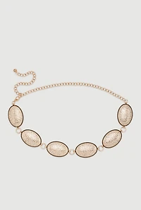 Womens Metallic Rhinestone Studded Oval Chain Belt,