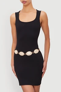 Womens Metallic Rhinestone Studded Oval Chain Belt,