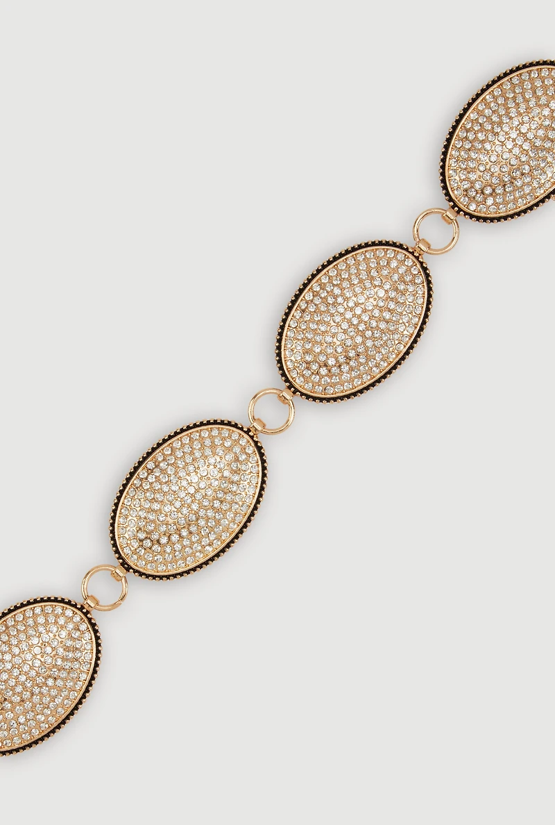 Womens Metallic Rhinestone Studded Oval Chain Belt,