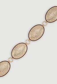 Womens Metallic Rhinestone Studded Oval Chain Belt,