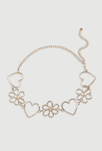 Womens Heart and Flower Chain Belt, Gold, Size M-L