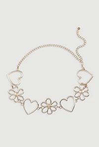 Womens Heart and Flower Chain Belt, Gold, Size M-L