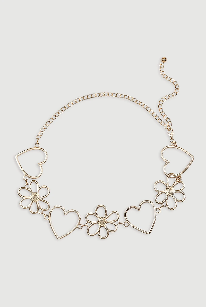 Womens Heart and Flower Chain Belt, Gold, Size M-L