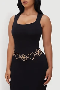 Womens Heart and Flower Chain Belt, Gold, Size M-L