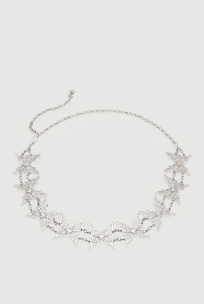 Womens Stylish Metallic Butterfly Chain Belt, Silver