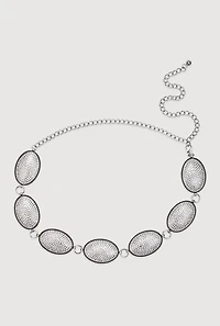 Womens Plus Size Metallic Oval Rhinestone Medallion Chain Belt, Silver, Size 3X