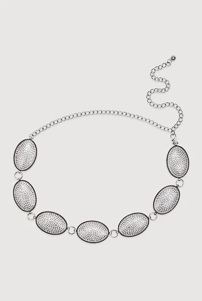 Womens Plus Size Metallic Oval Rhinestone Medallion Chain Belt, Silver, Size 1X