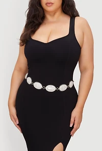 Womens Plus Size Metallic Oval Rhinestone Medallion Chain Belt, Silver, Size 3X