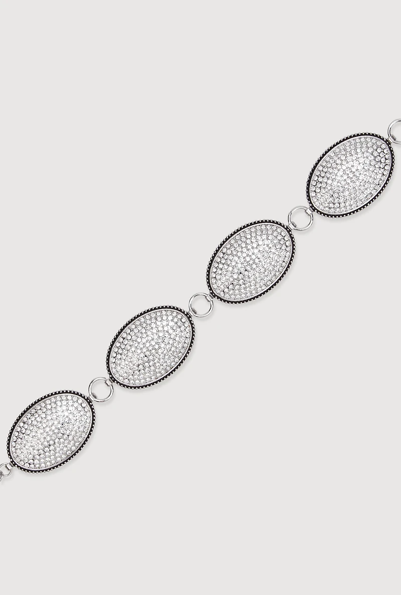 Womens Plus Size Metallic Oval Rhinestone Medallion Chain Belt, Silver, Size 3X