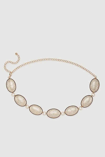 Womens Plus Metallic Oval Rhinestone Medallion Chain Belt,