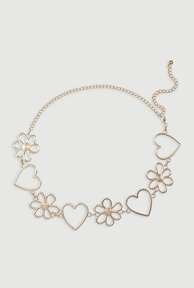 Womens Plus Size Heart and Flower Chain Belt, Gold, Size 2X