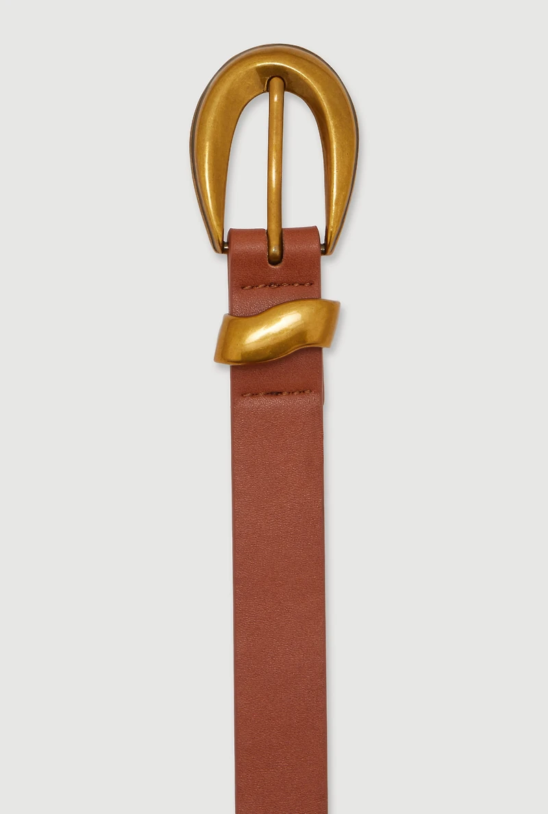 Womens Stylish Metallic Buckle Faux Leather Belt, Brown, Size M-L