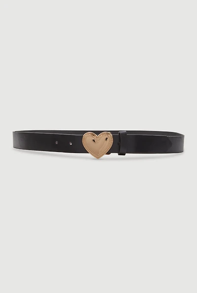 Womens Metallic Heart Buckle Faux Leather Belt, Black, Size S-M
