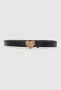 Womens Metallic Heart Buckle Faux Leather Belt, Black, Size S-M
