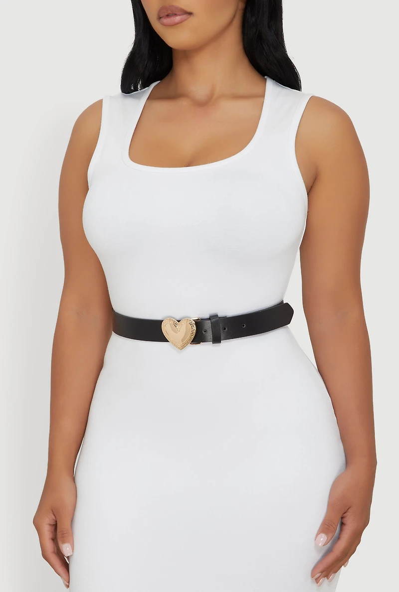 Womens Metallic Heart Buckle Faux Leather Belt, Black, Size S-M