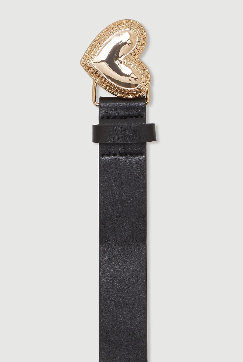 Womens Metallic Heart Buckle Faux Leather Belt, Black, Size S-M